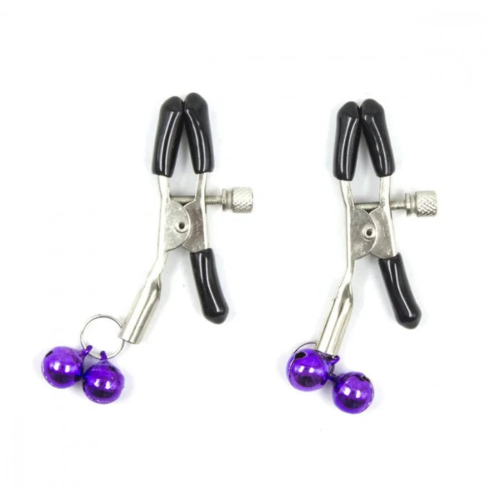 A pair of black-handled metal clamps with purple bells from the everything bondage 12 piece kit fur lined pvc accents