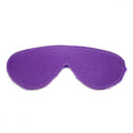 Purple suede eye mask with white stitching from everything bondage 12 piece kit featuring fur lined pvc cuffs faux fur