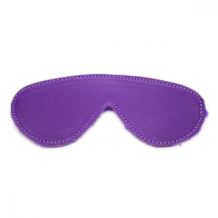 Purple suede eye mask with white stitching from everything bondage 12 piece kit featuring fur lined pvc cuffs faux fur