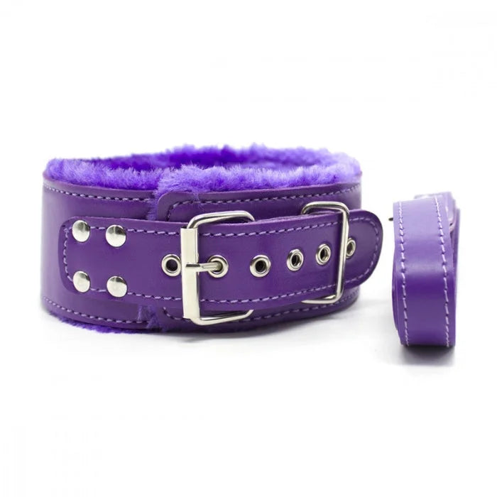 Purple leather collar with silver hardware and plush faux fur lined interior from everything bondage 12 piece kit purple