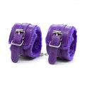 Purple leather wrist cuffs from everything bondage 12 piece kit with soft faux fur lined fur lined pvc and silver buckles