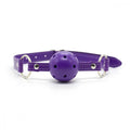 Purple leather gag with spherical perforated head and silver rings from everything bondage 12 piece kit with faux fur lined cuffs