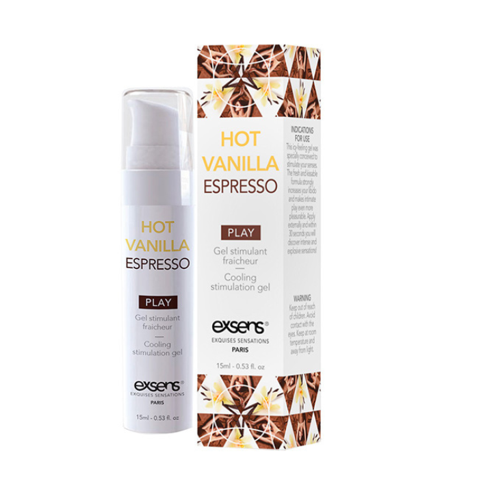 White cylindrical bottle with gold lettering and clear pump of exsens vanilla arousal gel 15ml with geometric box