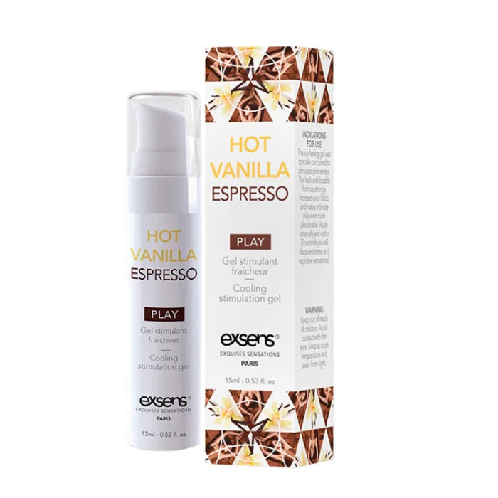White cylindrical bottle with gold lettering and clear pump of exsens vanilla arousal gel 15ml with geometric box