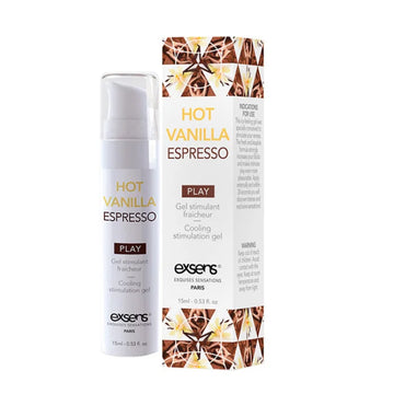 White cylindrical bottle with gold lettering and clear pump of exsens vanilla arousal gel 15ml with geometric box