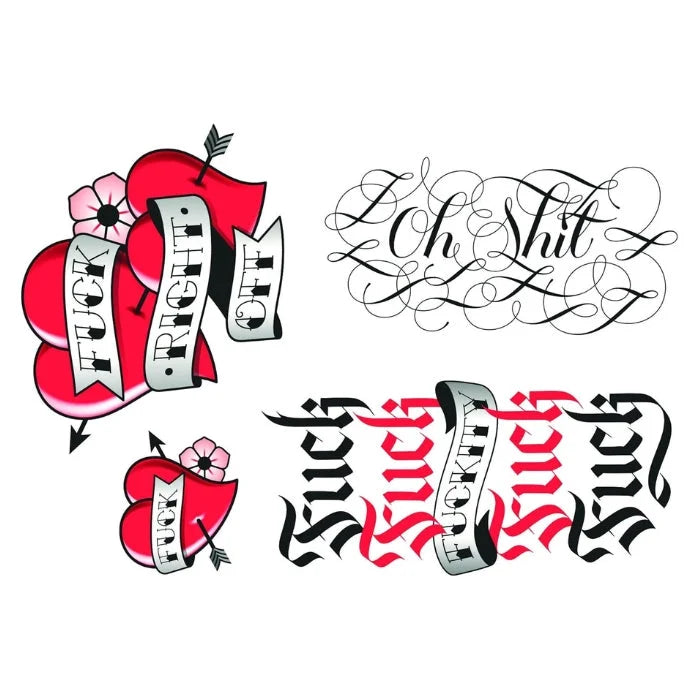 Red heart temporary tattoo with arrow, flower and F*Cking Awesome banner
