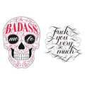 Vibrant pink black sugar skull temporary tattoo with badass floral design