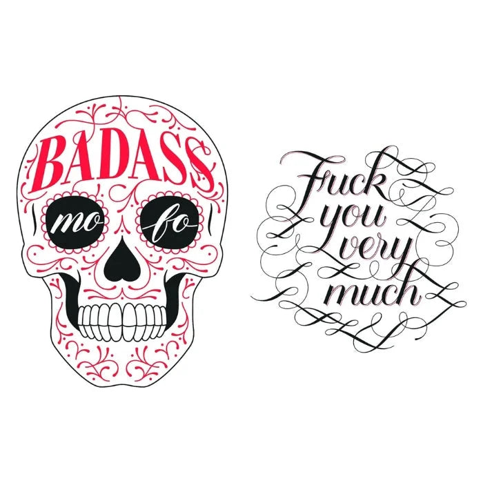 Vibrant pink black sugar skull temporary tattoo with badass floral design