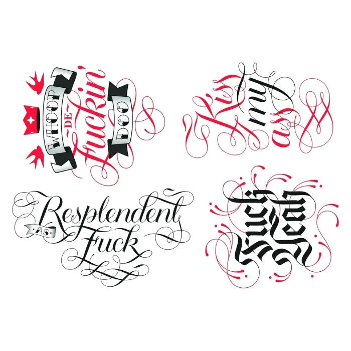 Stylized black and red calligraphy temporary tattoos, F*Cking Awesome