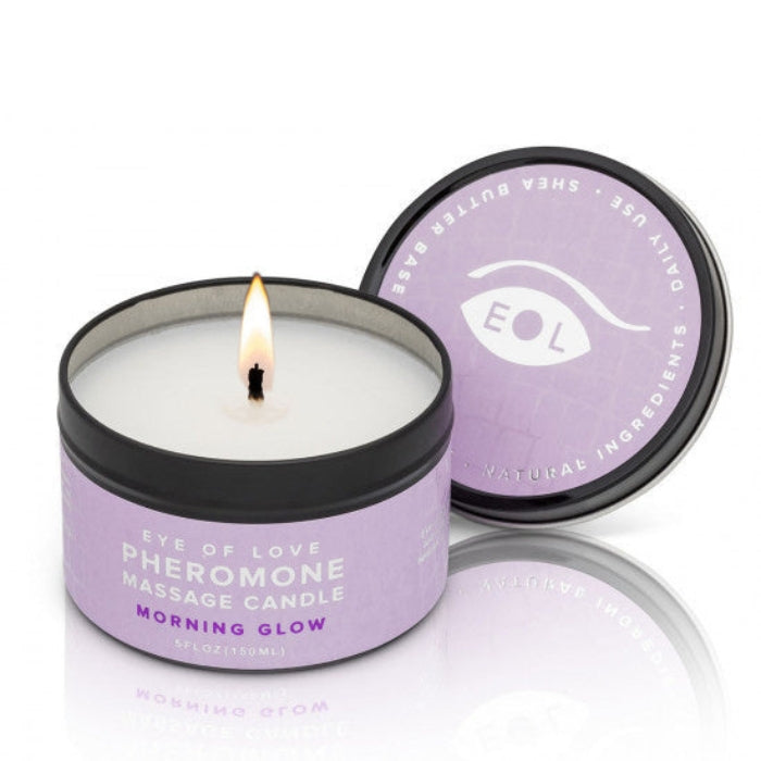 Lit Eye of Love Morning Glow lavender massage candle in sleek tin