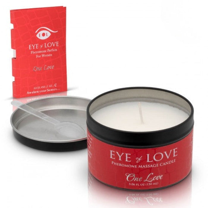 Eye of Love One Love pheromone massage candle in red container