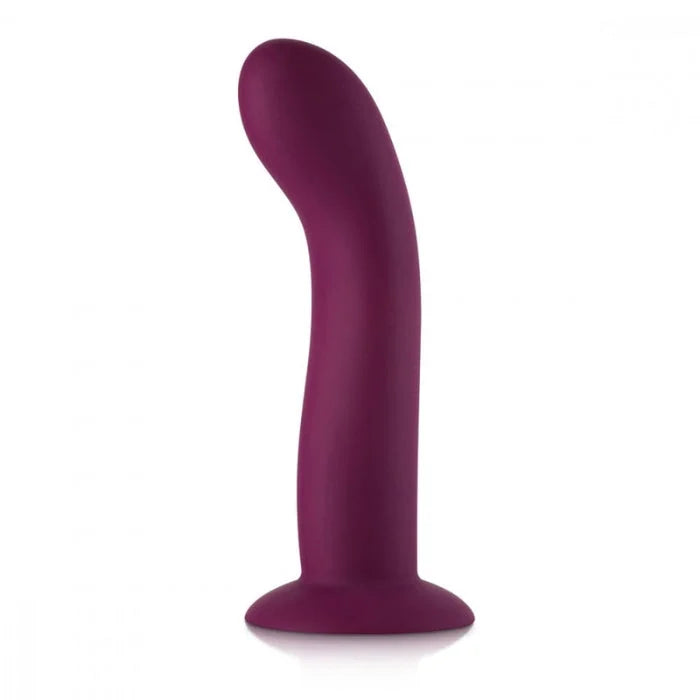 A sleek matte purple silicone anal plug with suction base and curved design for hands free use from lady jane adult shop