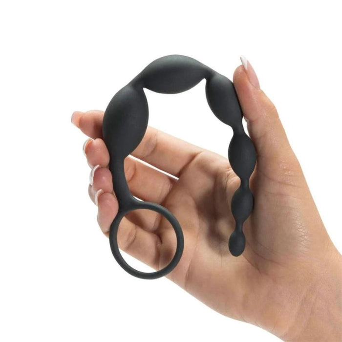 Black silicone anal beads with a ring handle for Fifty Shades Pleasure Intensified