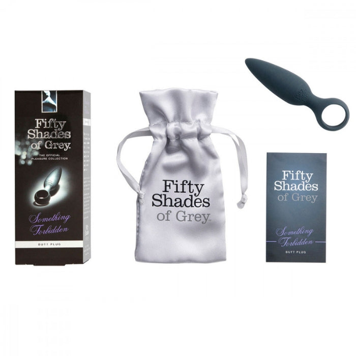 White drawstring bag labeled Fifty Shades of Grey with smooth silicone butt plug