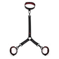 Made with soft padding in a beautiful faux leather, rose-patterned, black-and-red colorway. Beautifully crafted with padding and a reversible design, these cuffs and collar are fully adjustable via a six-hole buckle to give you the perfect fit. Thanks to a connecting chain with quick-release clips, your restraint adventures are both secure and safe. What's more, a D-ring to each wrist cuff means adding other restraints is easy.