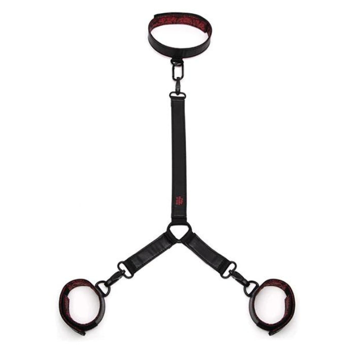 Made with soft padding in a beautiful faux leather, rose-patterned, black-and-red colorway. Beautifully crafted with padding and a reversible design, these cuffs and collar are fully adjustable via a six-hole buckle to give you the perfect fit. Thanks to a connecting chain with quick-release clips, your restraint adventures are both secure and safe. What's more, a D-ring to each wrist cuff means adding other restraints is easy.