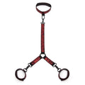 Made with soft padding in a beautiful faux leather, rose-patterned, black-and-red colorway. Beautifully crafted with padding and a reversible design, these cuffs and collar are fully adjustable via a six-hole buckle to give you the perfect fit. Thanks to a connecting chain with quick-release clips, your restraint adventures are both secure and safe. What's more, a D-ring to each wrist cuff means adding other restraints is easy.