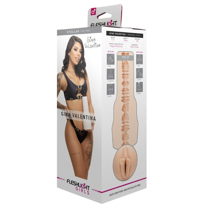 The easy-to-hold masturbator Gina Valentina Stellar from Fleshlight is in a discreet torch design. The masturbator is also a realistic replica of erotic star Gina Valentina's vagina. The masturbator is therefore perfect for an intense and orgasmic massage during a hand job. The sleeve is made out of extremely soft, skin-like material. There is also Gina's signature next to the vagina hole as well. The sleeve can be removed from the case for cleaning.
