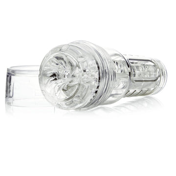 Fleshlight GO Torque Ice, male masturbator. This compact version of the famous male masturbator is designed for portable pleasure and discretion. ingle-handed grip action allows for more ease and more fun. It comes with a clear SuperSkin sleeve and a clear case that magnifies your penis size for instant visual impact.