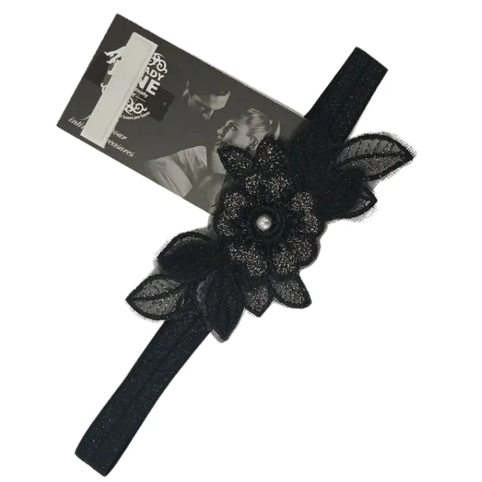 Black lace flower headband with pearl accent in Floral Garter - Black