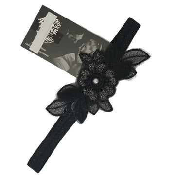 Black lace flower headband with pearl accent in Floral Garter - Black