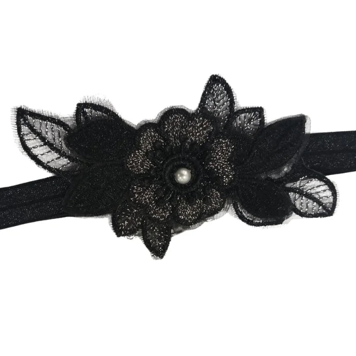 Black lace flower headband with pearl accent in Floral Garter - Black
