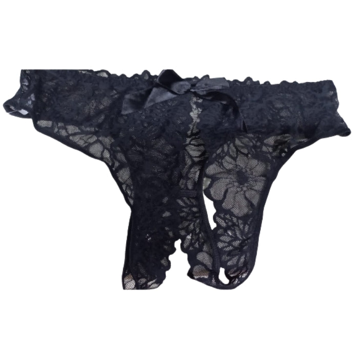Black floral lace crotchless brief panty with satin bow