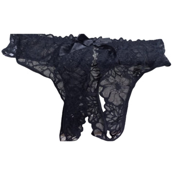 Black floral lace crotchless brief panty with satin bow