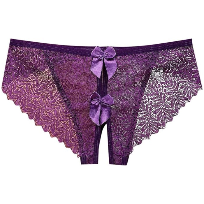 Purple floral lace crotchless panty with satin bows