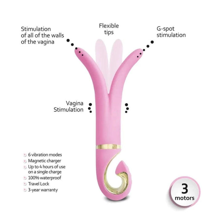 The new and improved G Vibe 3 now has 3 motors to stimulate the 3 sensitive spots. G-spot, the opposite wall of the vagina and the entrance of the vagina. This versatile toy can be used in numerous ways including and not limited to men's prostate (Manual included). Its unique shape adapts to each anatomy individually. The G vibe 3 has 6 new vibration modes with changeable intensity .100% waterproof and USB Rechargeable.