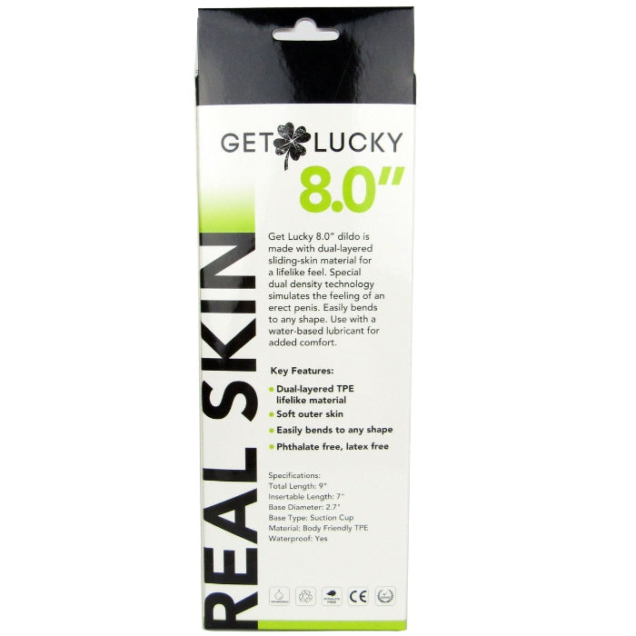 Lady Jane Adult Sex Shop | Get Lucky Real Skin 8inch Dildo with Scrotum Dark