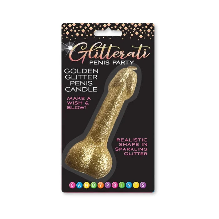 Gold glitter penis candle in realistic shape packaged for glitterati golden glitter penis party by candy prints from lady jane shop