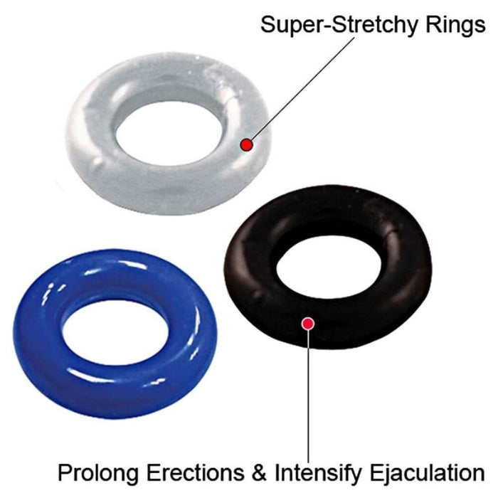 These rings are a simple, seductive way to feel harder, stay harder, and prolong your play. Stay Hard cock rings provide incredible benefits as these can be used both on the penis or the penis and testicles to increase both their size and strength. This trio of cock rings are also made from super elastic elastomer. Easy to clean and good to go to again and again - just like you.