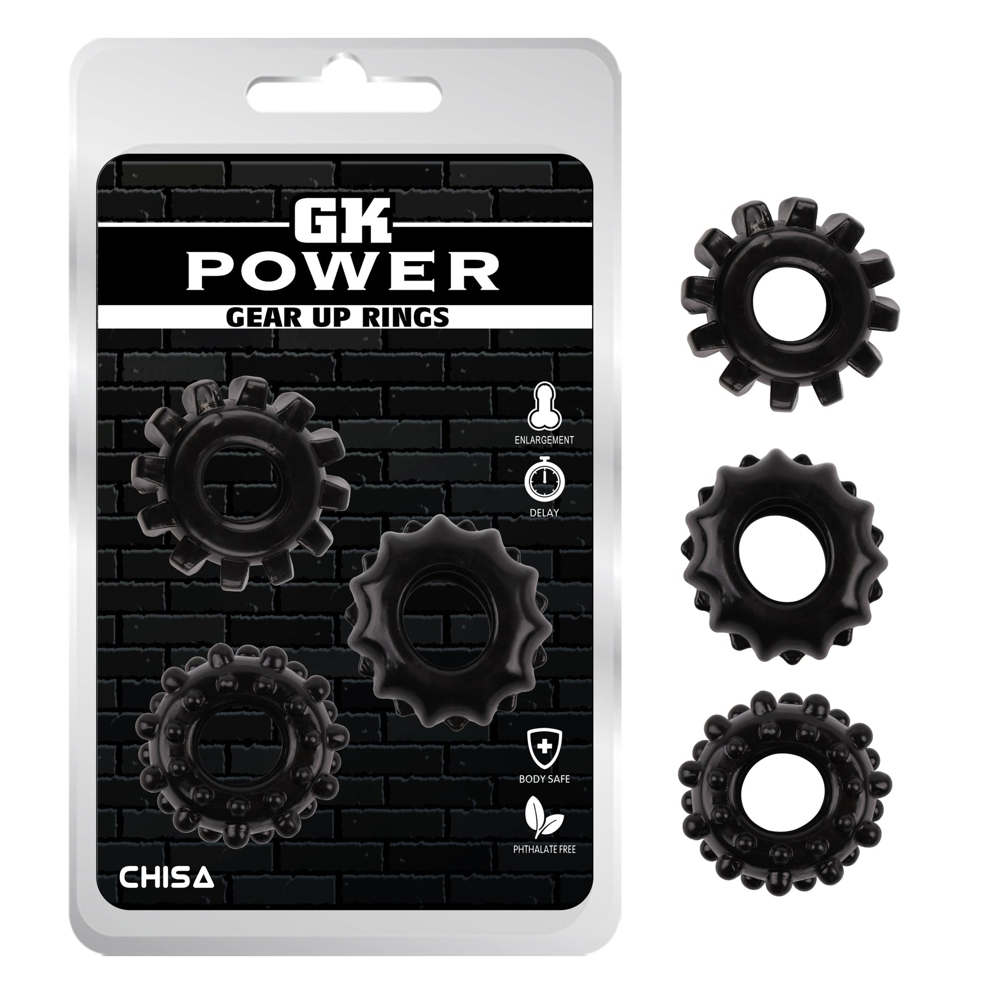 GK Power Gear Up cock rings in blister pack, feel harder stay harder set of 3