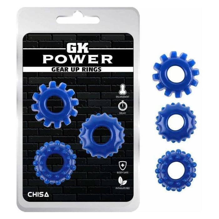GK Power Gear Up blue silicone cock rings in package to feel harder stay harder