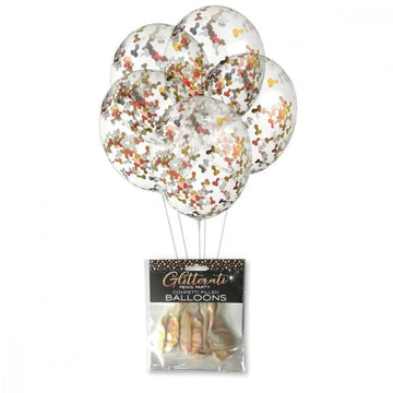 Clear confetti-filled glitterati penis party balloons with metallic penis confetti in rose gold silver and pink