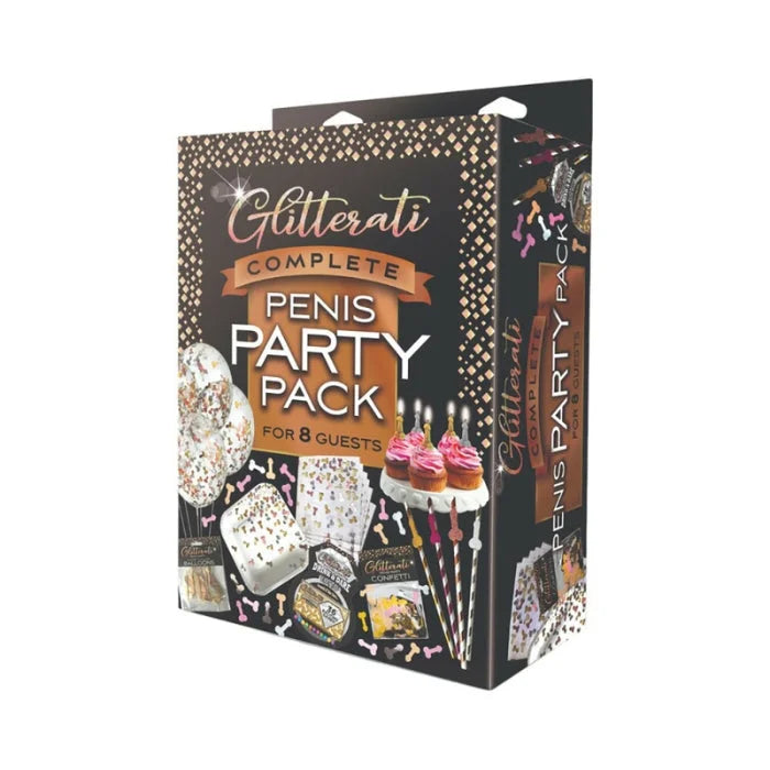 Glitterati penis party pack for 8 guests with black foil stamped box and gold glitter balloons cupcakes and confetti