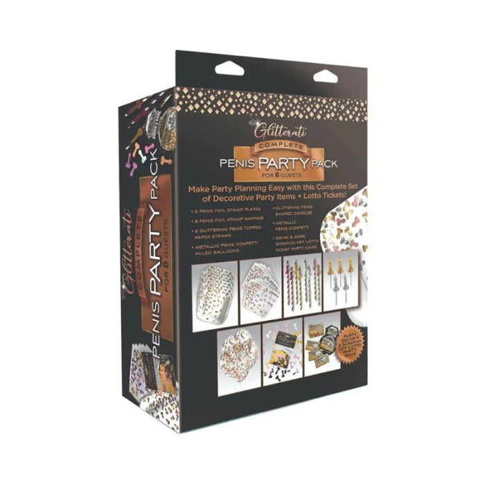 Glitterati penis themed party pack with foil stamped black and gold box including glitter pens straws and confetti