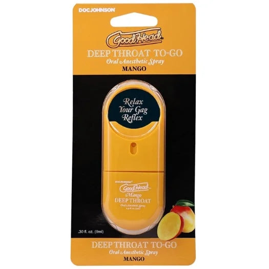 Yellow plastic mango-scented goodhead deep throat spray in blister pack for gag reflex relief