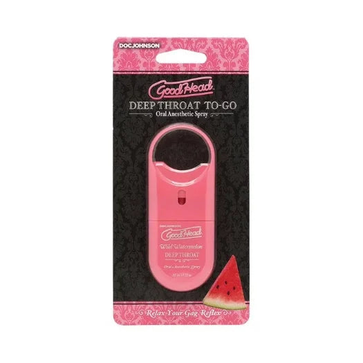 Pink doc johnson goodhead deep throat spray watermelon flavor oral anesthetic spray for gag reflex relief in compact design