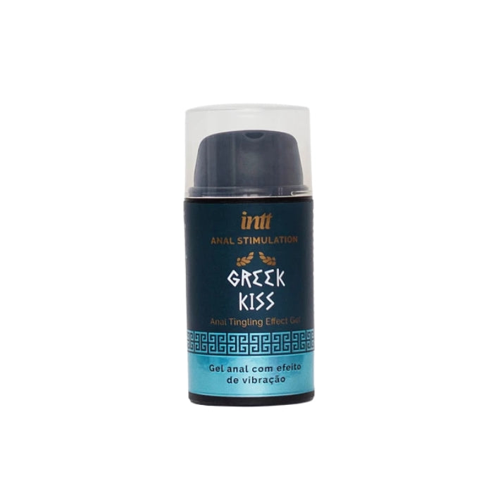 Dark blue cylindrical bottle with black pump labeled inti greek kiss vibra ice anal stimulant 15ml