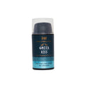 Dark blue cylindrical bottle with black pump labeled inti greek kiss vibra ice anal stimulant 15ml