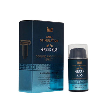 Blue and black greek kiss vibra ice anal stimulant gel in a sleek transparent bottle with gold-accented packaging 15ml