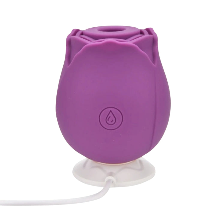Purple vibrating clitoral sucker flower rose toy with water droplet icon