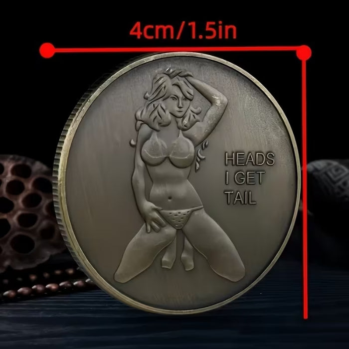 Double-sided bikini girl coin with humorous heads I get tail design