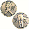 Double-sided bikini girl coin with humorous heads I get tail design