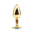Gold basic anal plug with round gemstone base and blue gem