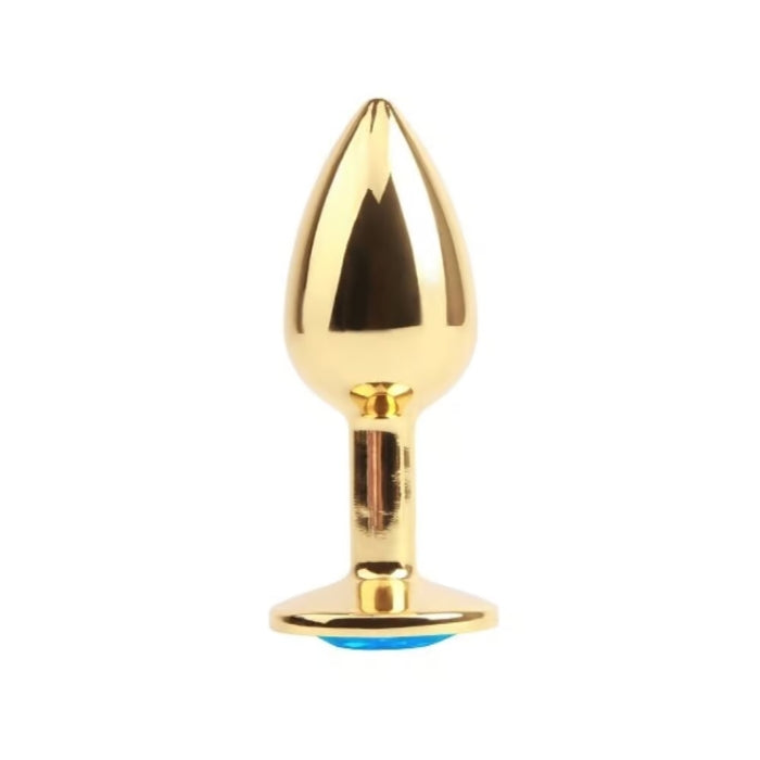 Gold basic anal plug with round gemstone base and blue gem