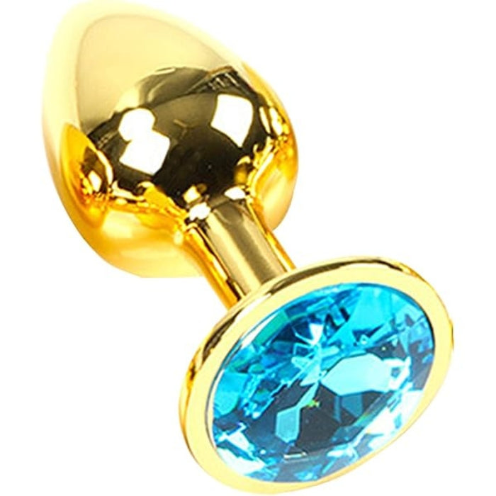 Small gold basic anal plug with round blue gemstone base