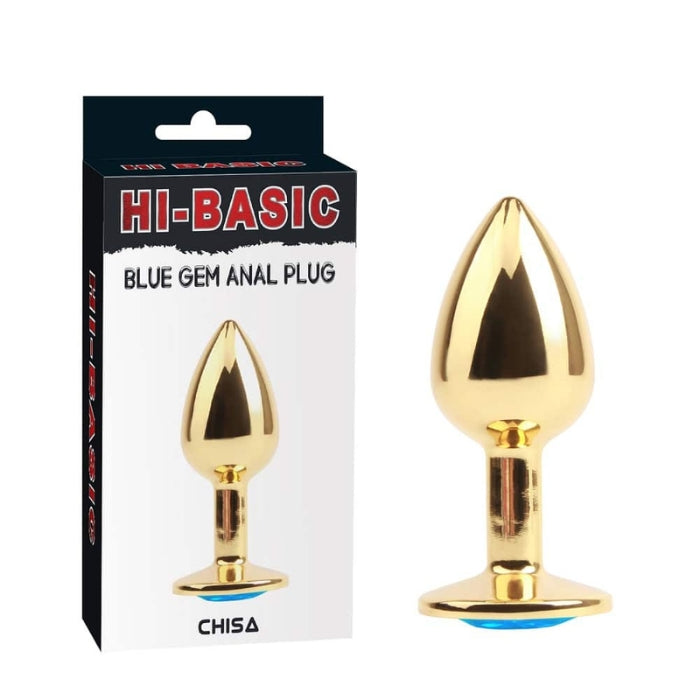 Gold Hi Basic Anal Plug with Round Gemstone Blue Base